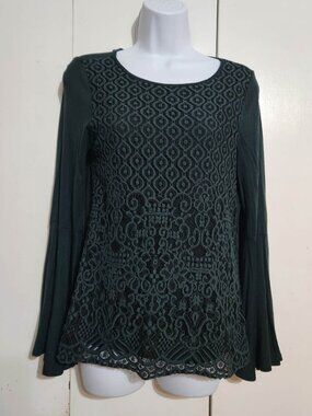 Pointelle Shirt Womens Small S Dark Green Lace Overlay Bell Sleeve Boho Blouse
